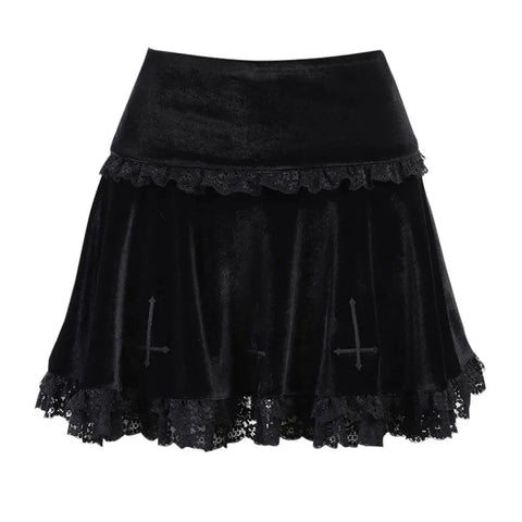 Punk Gothic Skirt 2000s Black Dark Academia Cross Print High Waist Pleated A-line Skirt y2k Vintage Lace Skirts