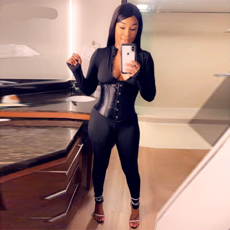 Voguable  Long Sleeve Jumpsuit Bandage Corset 2 Pieces Set Winter  Zipper Suit Romper Y2K Streetwear