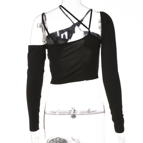 Voguable Pure Halter Single Shoulder Long Sleeve Bandage Drawstring Crop Top Fall Streetwear Outfit Y2K Party