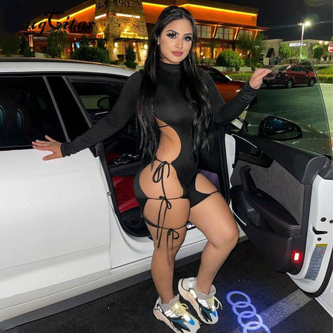 Voguable Solid Long Sleeves O Neck Cut Out Drawstrings Bandage Playsuit  Fall Bodycon Party Club Elegant Y2K