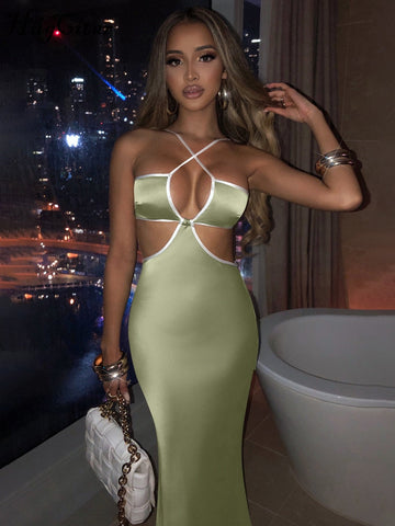 Voguable Halter Backless Sleeveless Hollow Out Revealing Maxi Dress Bodycon Streetwear Party Club Outfits Y2K
