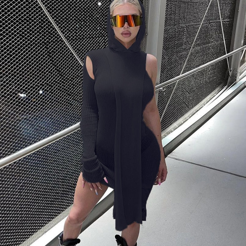 Voguable   Solid Hollow Out Single Shoulder Long Sleeves With Detachable Hooded Drawstrings  Y2K Casual Outfits