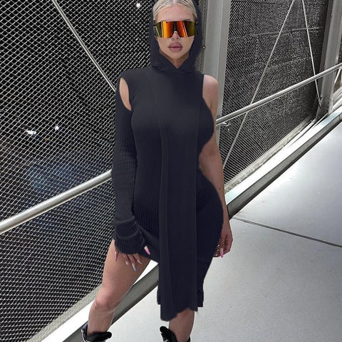 Voguable   Solid Hollow Out Single Shoulder Long Sleeves With Detachable Hooded Drawstrings  Y2K Casual Outfits