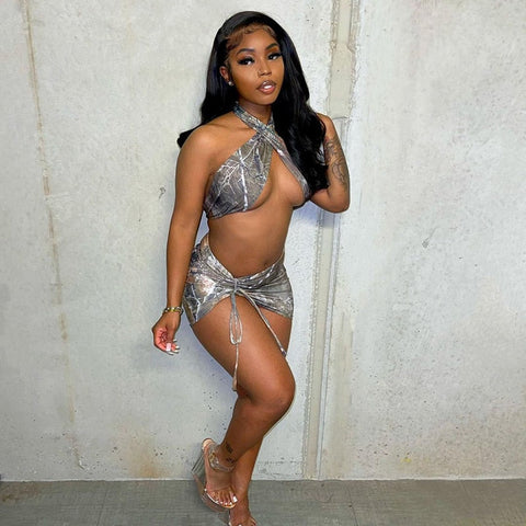 Voguable  Vintage Print Sleeveless Bandage Crop Top Skirt 2 Pieces Set Streetwear Y2K Tracksuit