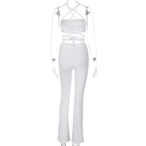 Voguable Solid Halter Sleeveless Bandage Ruched Crop Bra High Waist Leggings 2 Piece Set Y2K Streetwear Outfit