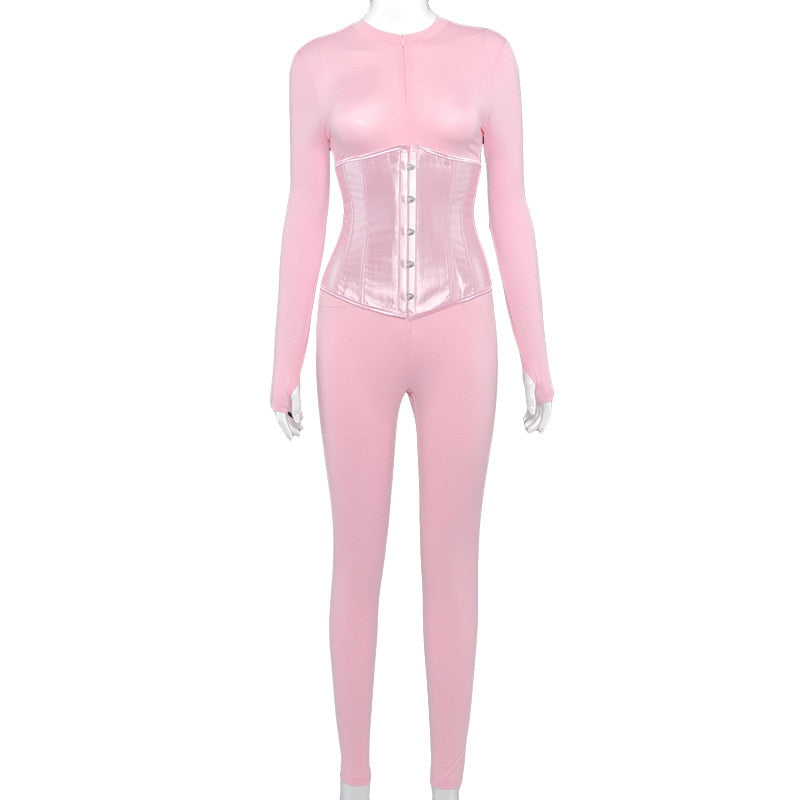 Voguable  Long Sleeve Jumpsuit Bandage Corset 2 Pieces Set Winter  Zipper Suit Romper Y2K Streetwear
