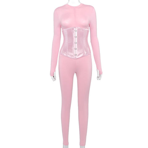 Voguable  Long Sleeve Jumpsuit Bandage Corset 2 Pieces Set Winter  Zipper Suit Romper Y2K Streetwear