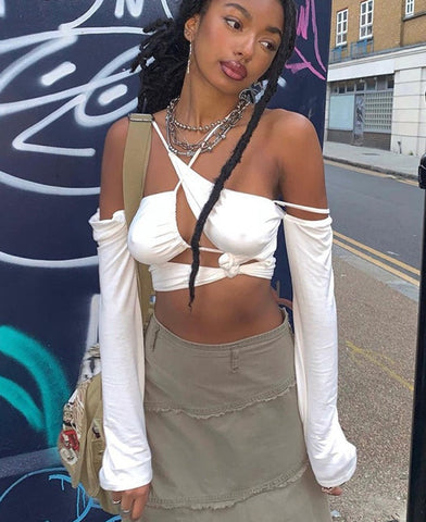 Voguable Pure Halter Single Shoulder Long Sleeve Bandage Drawstring Crop Top Fall Streetwear Outfit Y2K Party