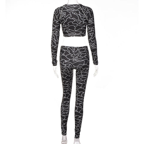 Voguable Print Long Sleeves Slim Navel Top Leggings Set Bodycon Party Elegant Club Y2K Robe Beach