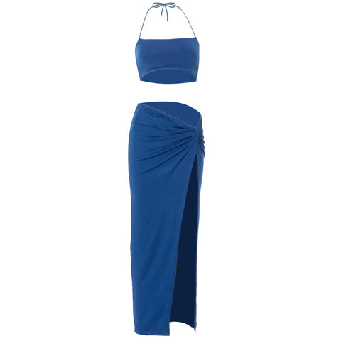 Voguable Solid Halter Bandage Camis Crop Top Slit Maxi Dress 2 Pieces Set  Bodycon Elegant Streetwear Party Club Y2K