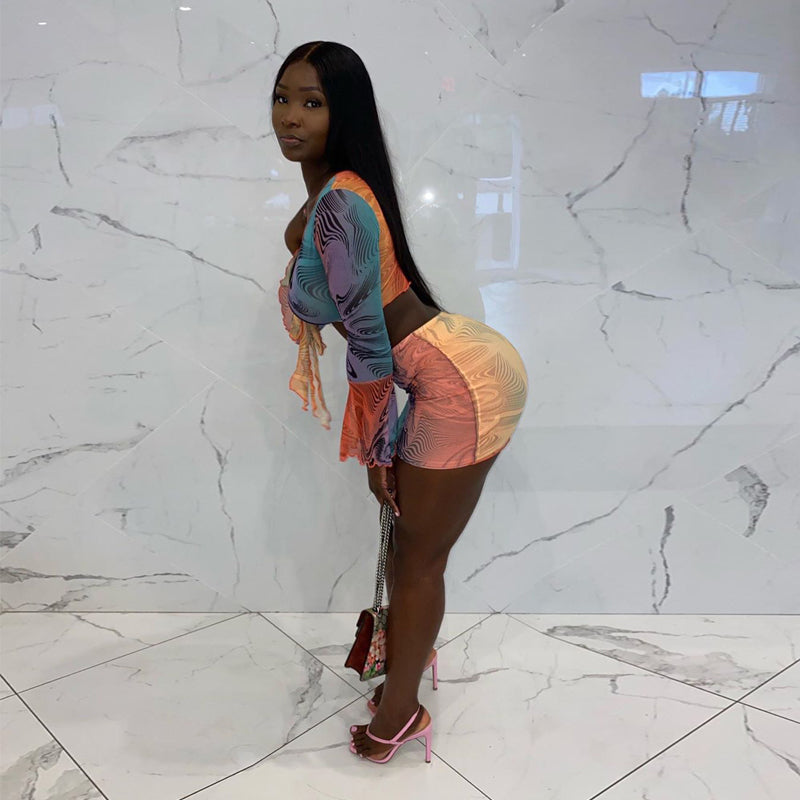 Voguable Flare Sleeve Wrapped Bandage Crop Top Skirt 2 Piece Set Winter Streetwear Y2K Print Tracksuit