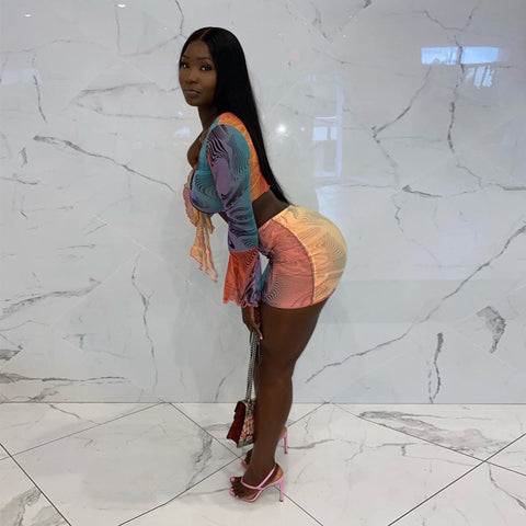 Voguable Flare Sleeve Wrapped Bandage Crop Top Skirt 2 Piece Set Winter Streetwear Y2K Print Tracksuit