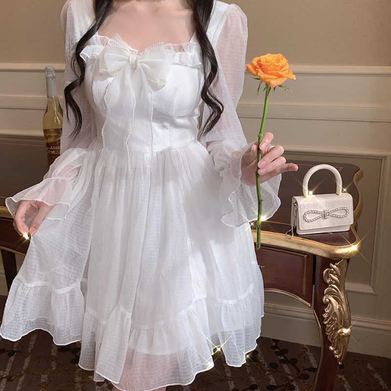 French Sweet Fairy Lolita Dress Long Sleeve Lace Y2k Mini Dress Vintage Kawaii Clothes One Piece Dress Korean spring