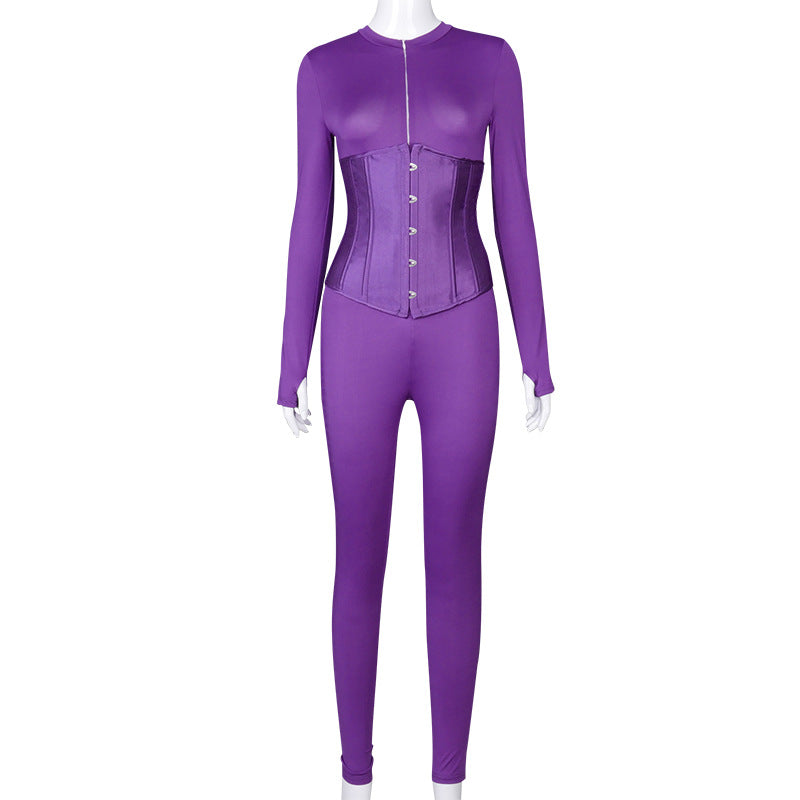 Voguable  Long Sleeve Jumpsuit Bandage Corset 2 Pieces Set Winter  Zipper Suit Romper Y2K Streetwear