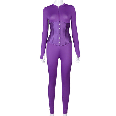 Voguable  Long Sleeve Jumpsuit Bandage Corset 2 Pieces Set Winter  Zipper Suit Romper Y2K Streetwear