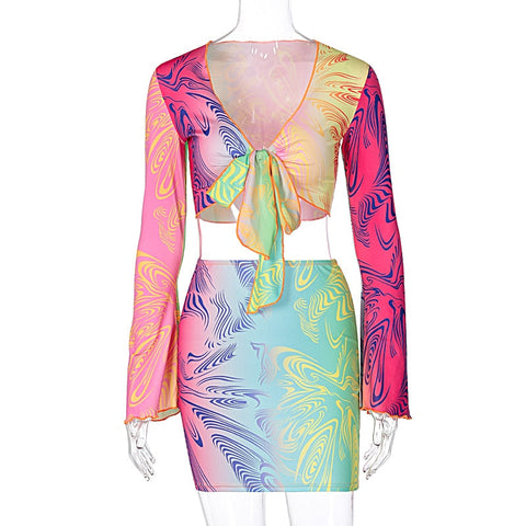 Voguable Flare Sleeve Wrapped Bandage Crop Top Skirt 2 Piece Set Winter Streetwear Y2K Print Tracksuit