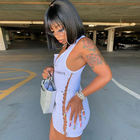 Voguable Sleeveless  Mini Dress Patchwork  With Corset Patchwork Zipper Bodycon Streetwear Casual Y2K