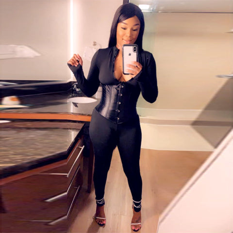 Voguable  Long Sleeve Jumpsuit Bandage Corset 2 Pieces Set Winter  Zipper Suit Romper Y2K Streetwear
