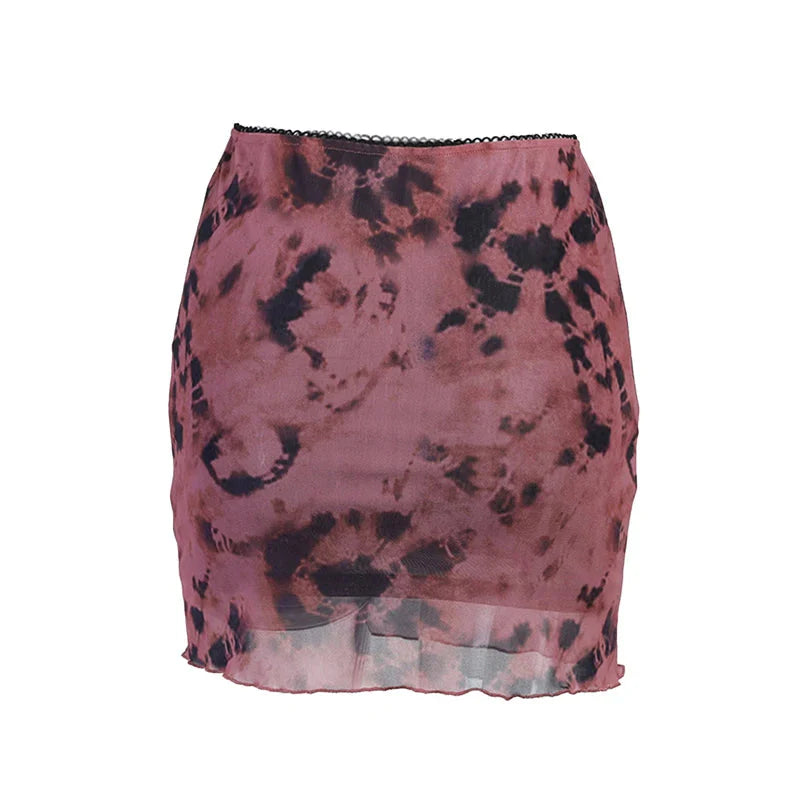Mini Skirt Sheer Tie-dye Print High Waist Mesh Bodycon Skirt with Lining y2k Clothes E Girl Streetwear