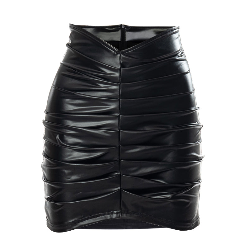 Voguable  Pu Leather High Waist Folds Zipper Mini Skirt  Elegant Streetwear Party Clothings Y2K