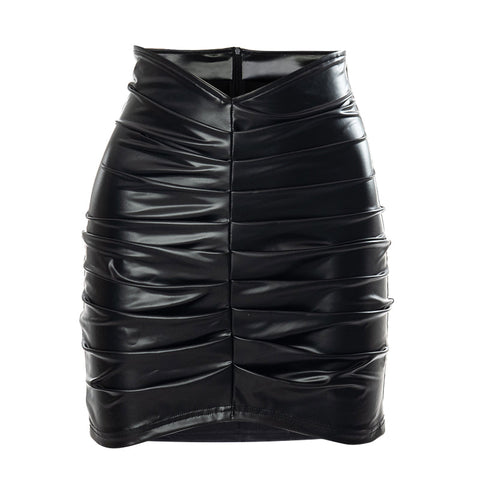 Voguable  Pu Leather High Waist Folds Zipper Mini Skirt  Elegant Streetwear Party Clothings Y2K