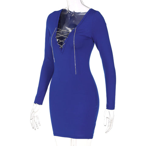 Voguable  Diamond Bandage Pure Color V Neck Skinny Mini Dress Bodycon Party Streetwear Concise Y2K