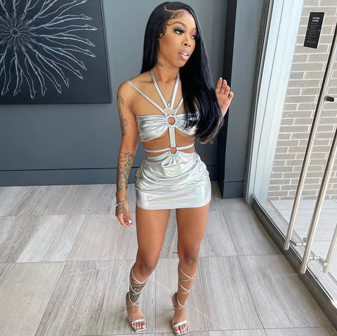 Voguable  Solid Sleeveless Bodycon Halter Hollow Out Mini Dress  Streetwear Outfits Y2K