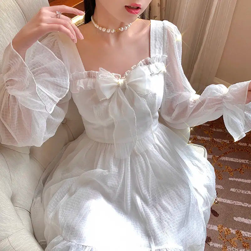 Voguable French Sweet Fairy Lolita Dress Long Sleeve Lace Y2K Mini Dress Vintage Kawaii Clothes One Piece Dress