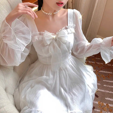 Voguable French Sweet Fairy Lolita Dress Long Sleeve Lace Y2K Mini Dress Vintage Kawaii Clothes One Piece Dress