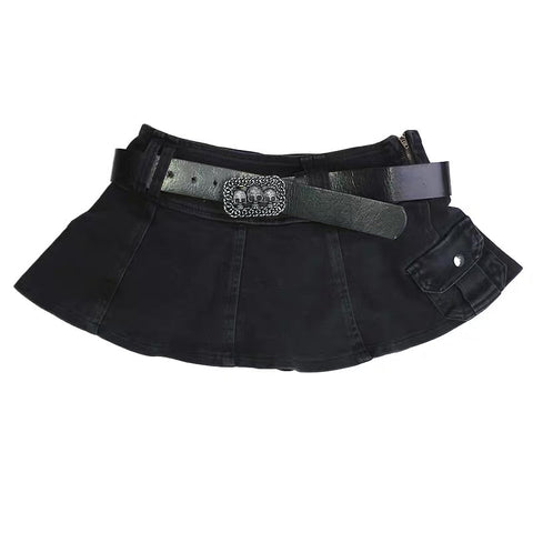 Harajuku Y2k Denim Skirt Dark Gothic Streetwear Mini Skirt with Skull Belt Mall Goth Punk Grunge Emo Clubwear