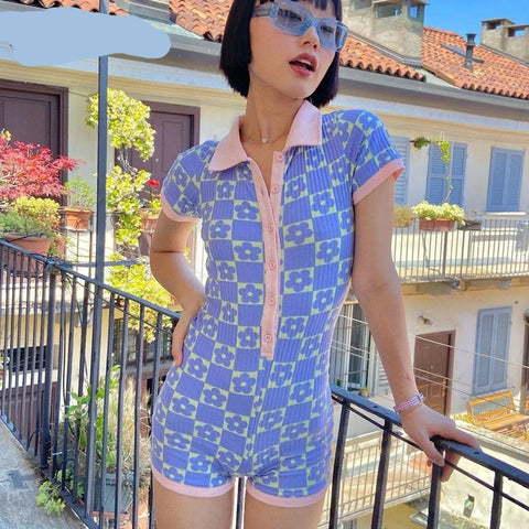 Voguable  Long Sleeves Regular Print Polo-Neck Single Breasted Playsuit Preppy Style Outfits Y2K