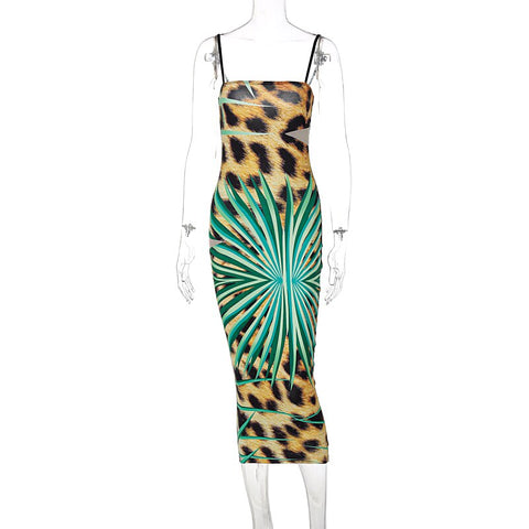 Voguable  Sleeveless Backless Hollow Out Slip Bodycon Leopard Print Maxi Dress Slim Party Elegant Club Y2K Robe Outfit
