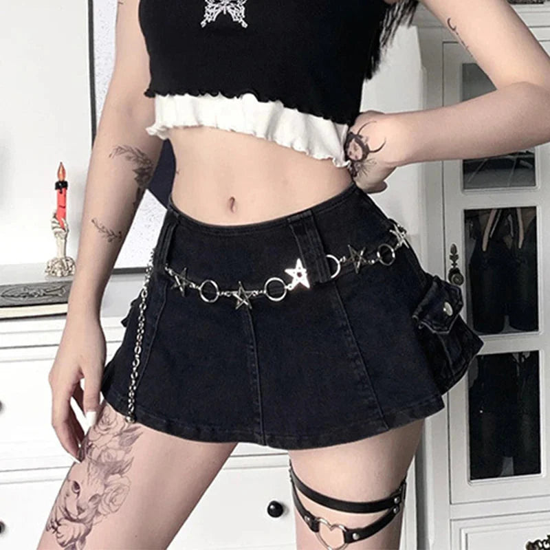 Harajuku Y2k Denim Skirt Dark Gothic Streetwear Mini Skirt with Skull Belt Mall Goth Punk Grunge Emo Clubwear