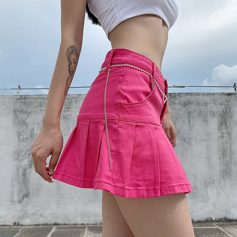 Y2k Pink Denim Pleated Skirts Mini Solid Casual Woman Korean Style High Waist Skirt with Lined Club Party Girls