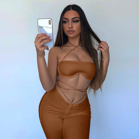 Voguable Solid Halter Sleeveless Bandage Ruched Crop Bra High Waist Leggings 2 Piece Set Y2K Streetwear Outfit
