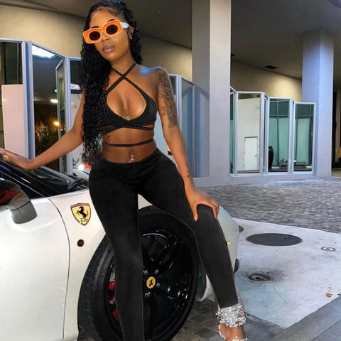 Voguable  Sleeveless Halter Solid Bandage Bra Pants 2 Pieces Set Streetwear Y2K Club Outfits Bikini
