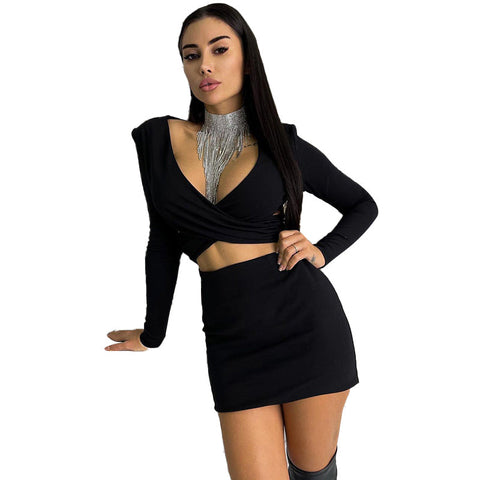 Voguable Long Sleeves V Neck Hollow Out Solid Mini Dress Outfit Y2K Streetwear