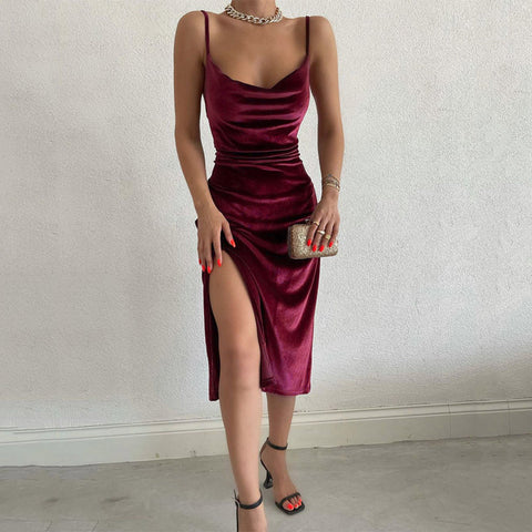 Voguable  Velvet Swing Collar Sleeveless Slip Slit Maxi Dress Evening Party Elegant Streetwear Y2K