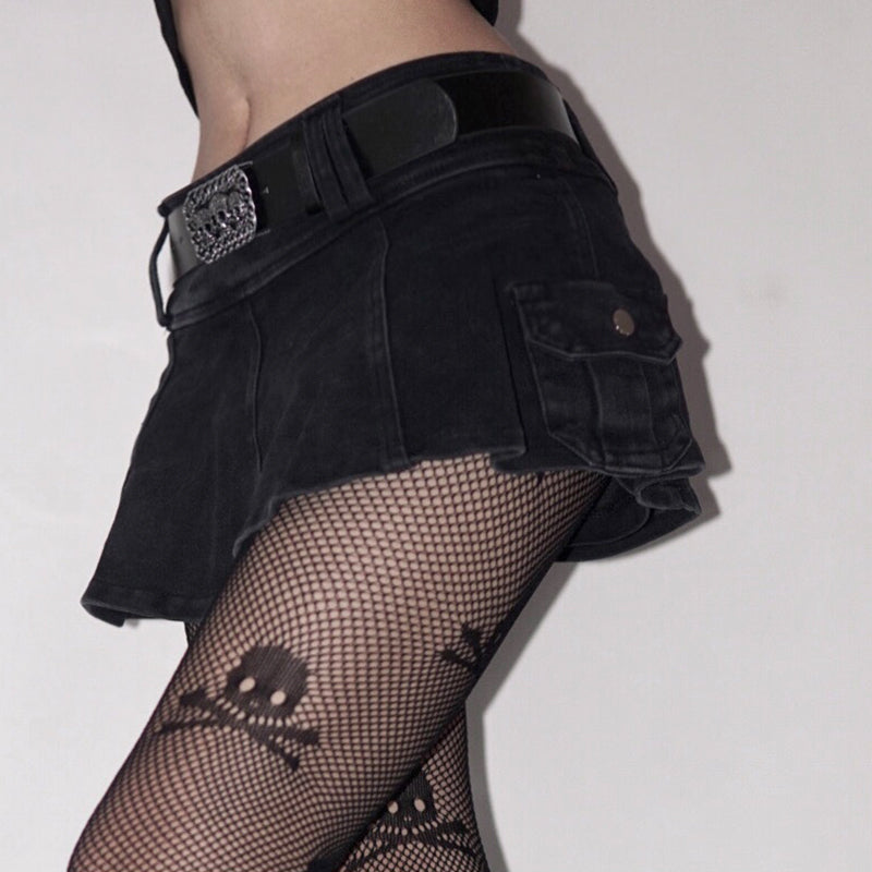 Voguable Harajuku Y2k Denim Skirt Dark Gothic Streetwear Mini Skirt with Skull Belt Mall Goth Punk Grunge Emo Clubwear