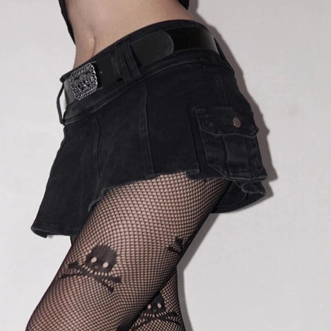 Harajuku Y2k Denim Skirt Dark Gothic Streetwear Mini Skirt with Skull Belt Mall Goth Punk Grunge Emo Clubwear