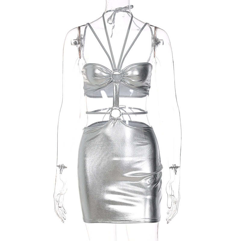 Voguable  Solid Sleeveless Bodycon Halter Hollow Out Mini Dress  Streetwear Outfits Y2K