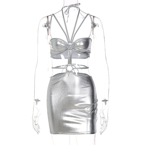 Voguable  Solid Sleeveless Bodycon Halter Hollow Out Mini Dress  Streetwear Outfits Y2K