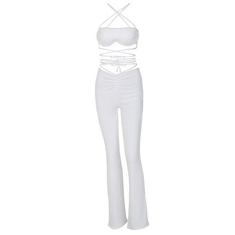 Voguable Solid Halter Sleeveless Bandage Ruched Crop Bra High Waist Leggings 2 Piece Set Y2K Streetwear Outfit