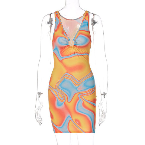 Voguable Tie Dye Print Halter V Neck Sleeveless Hollow Out Mini Dress Streetwear Y2K