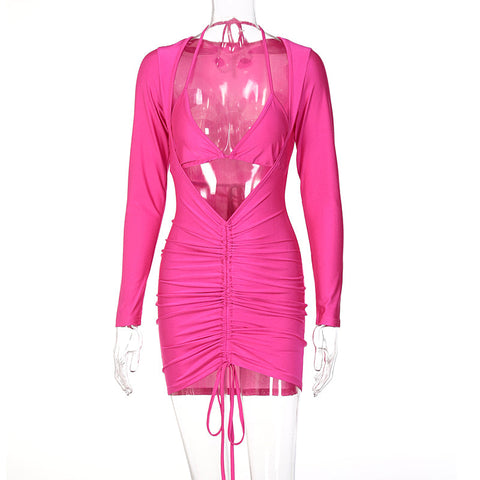 Voguable Long Sleeve Bandage Hollow Out Ruched Bodycon Mini Dress  Winter Y2K Slim Streetwear Elegant