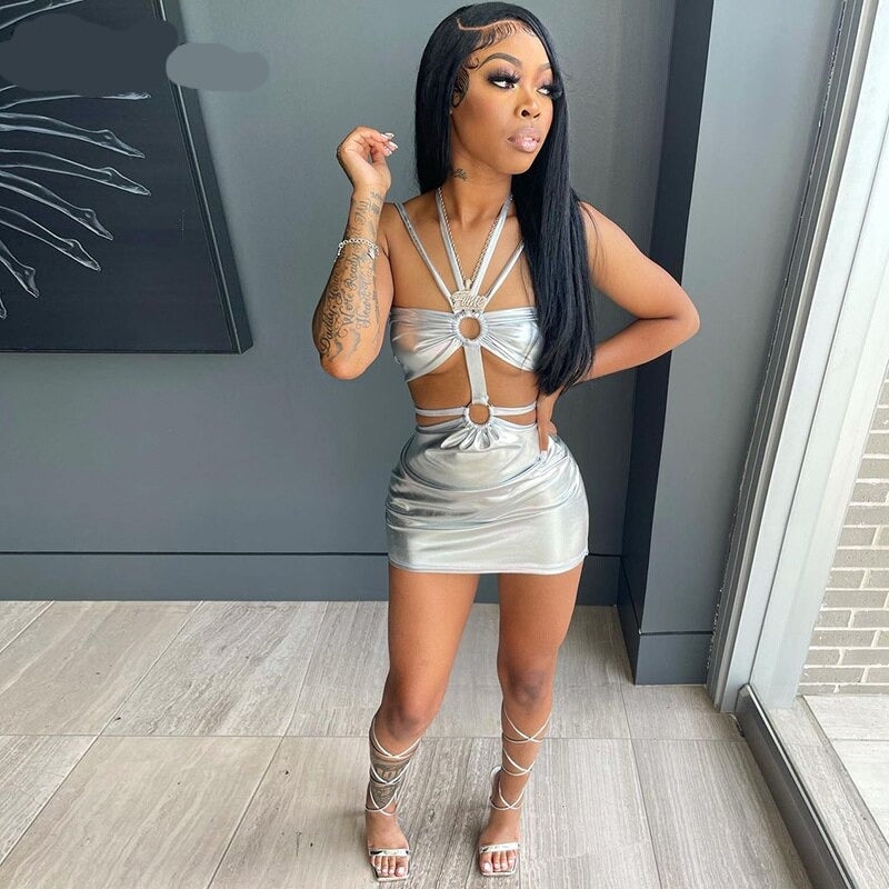 Voguable  Solid Sleeveless Bodycon Halter Hollow Out Mini Dress  Streetwear Outfits Y2K