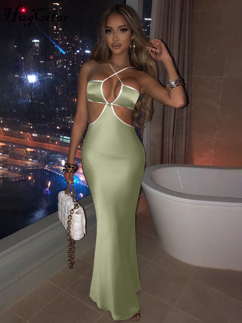 Voguable Halter Backless Sleeveless Hollow Out Revealing Maxi Dress Bodycon Streetwear Party Club Outfits Y2K