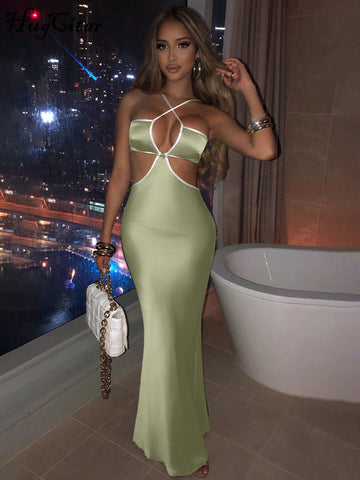 Voguable Halter Backless Sleeveless Hollow Out Revealing Maxi Dress Bodycon Streetwear Party Club Outfits Y2K