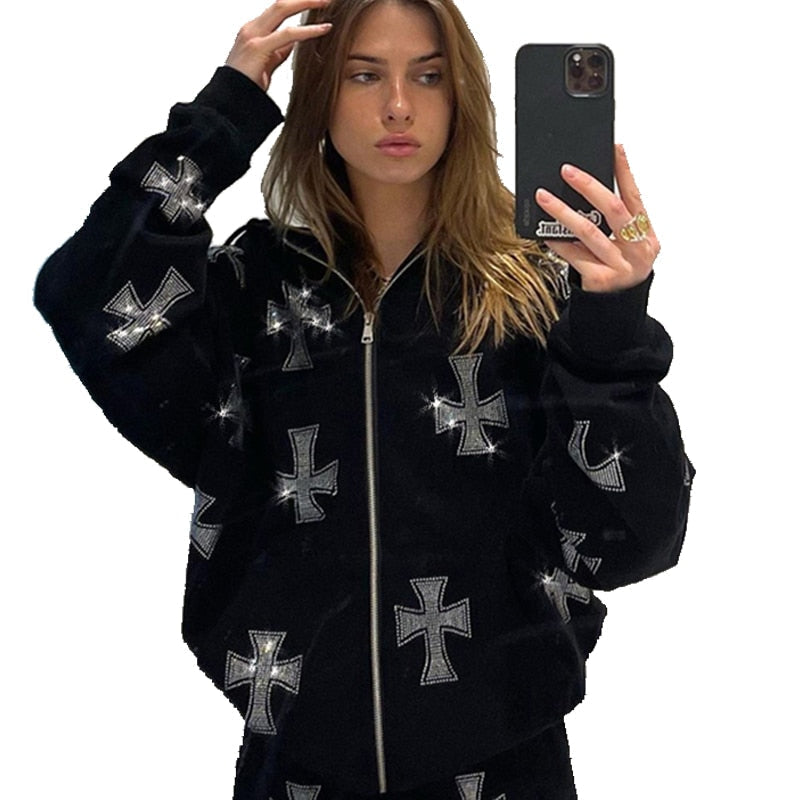 Voguable Winter Goth Rhinestone Y2K Zip Up Oversized Sweatshirts  Hoodies Pull Grunge Hooded Retro Jacket Streetwear Coat
