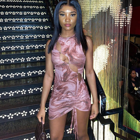 Voguable  Bandage Drawstrings Sleeveless Hollow Out Ruched Solid Bodycon Mini Dress  Streetwear Y2K Party Club